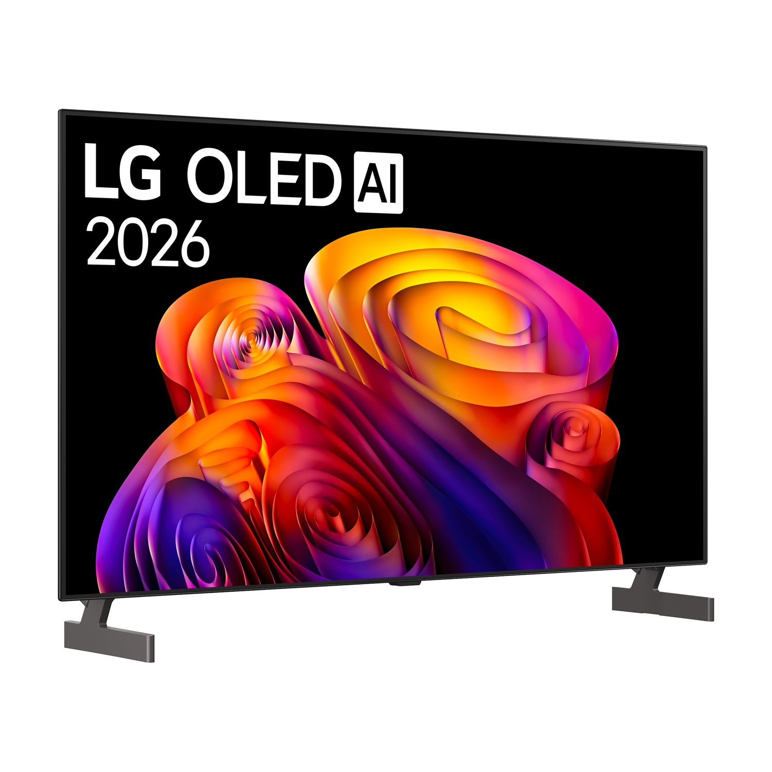 TV LG OLED AI 2026 con immagine astratta vibrante e colorata.