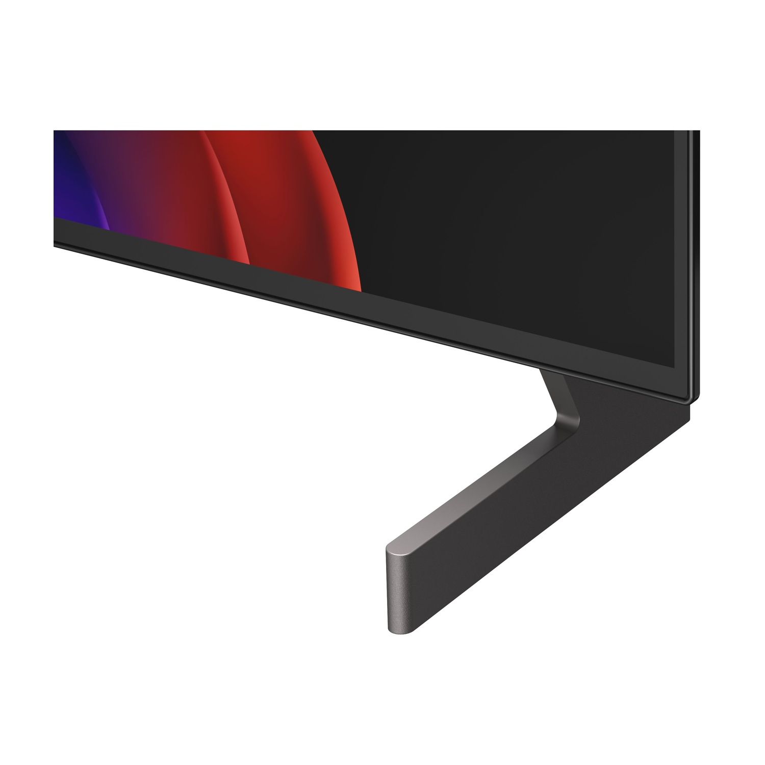 Un supporto TV grigio davanti a uno schermo con forme astratte colorate.