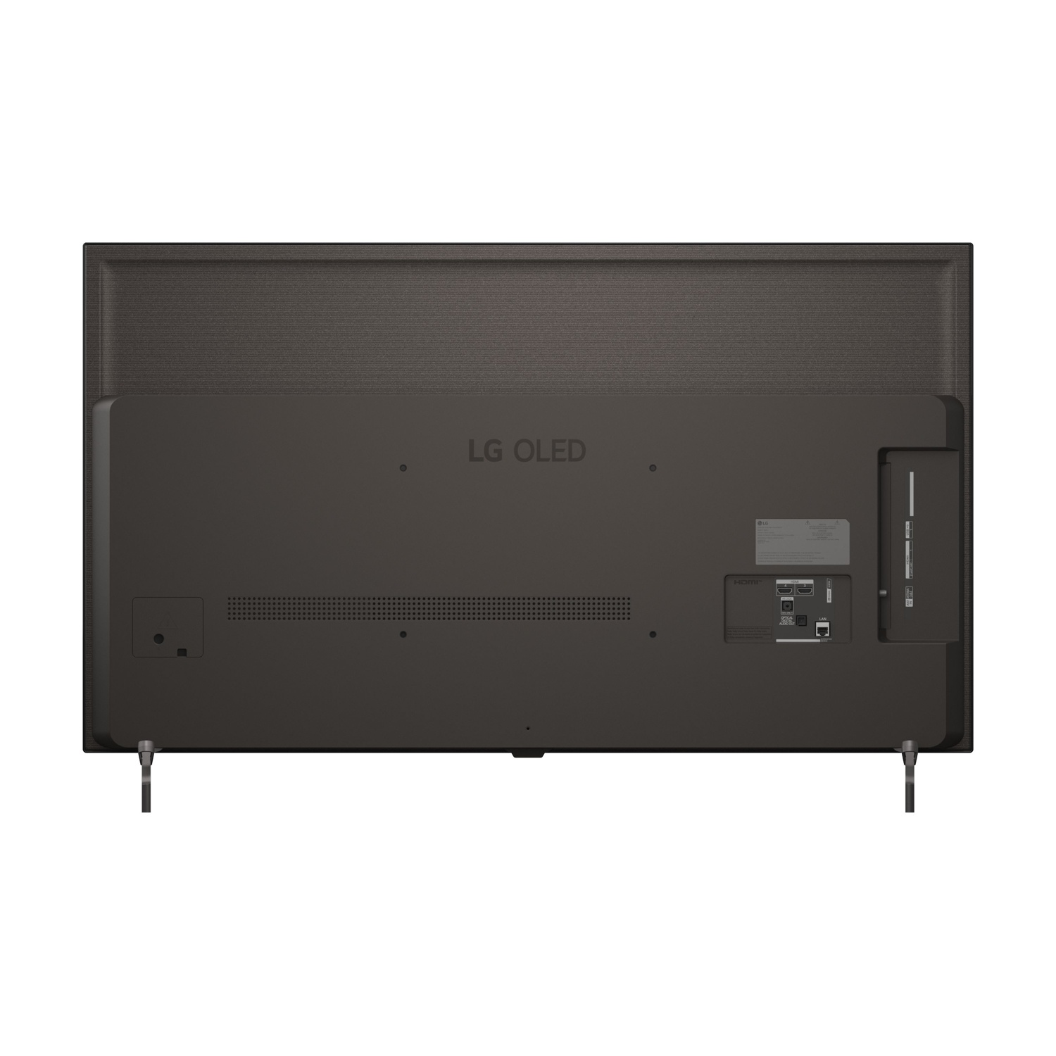 Retro di una TV LG OLED scura con porte e gambe del supporto.