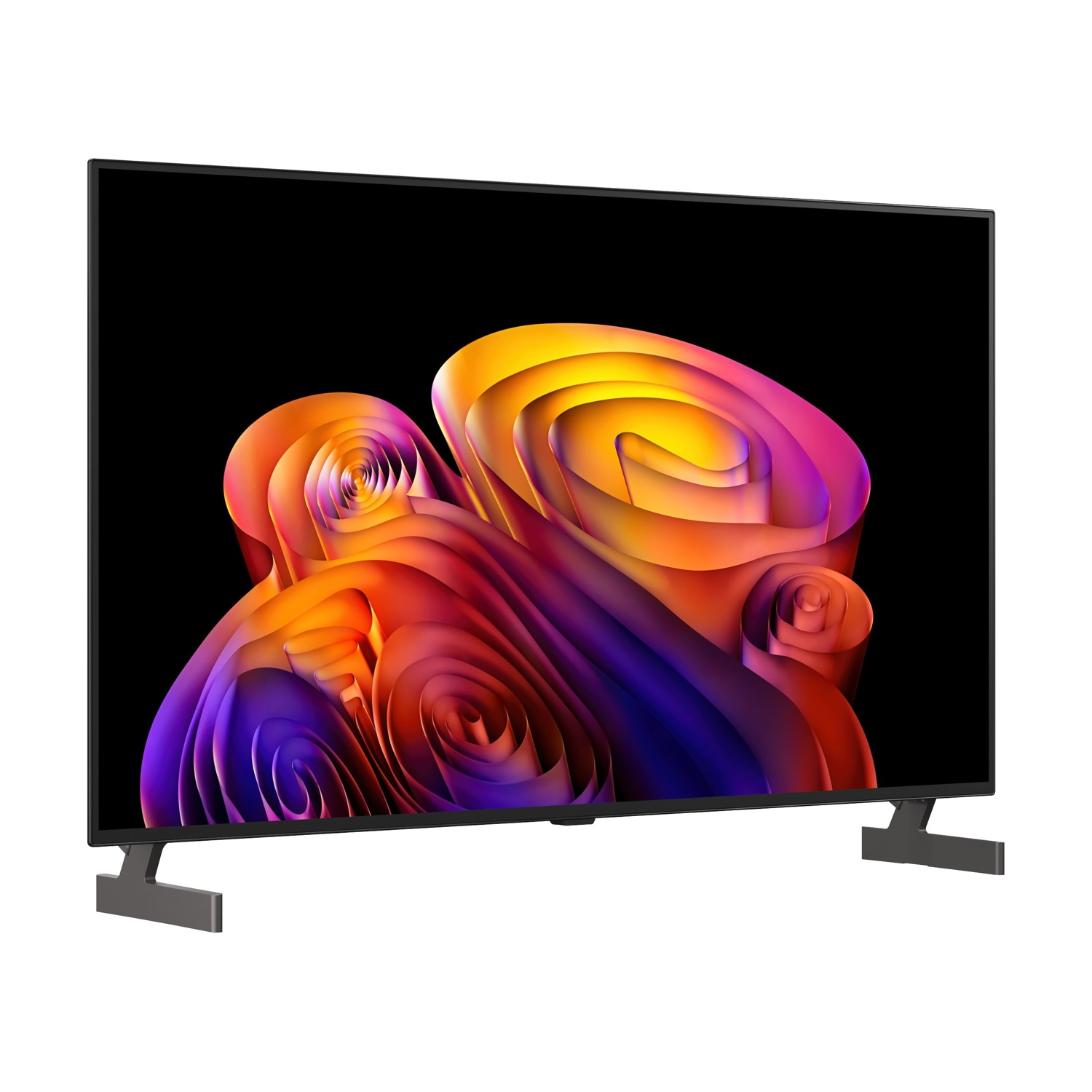 Un moderno televisore mostra un'immagine astratta e vibrante con colori vorticosi di arancione, giallo e viola.