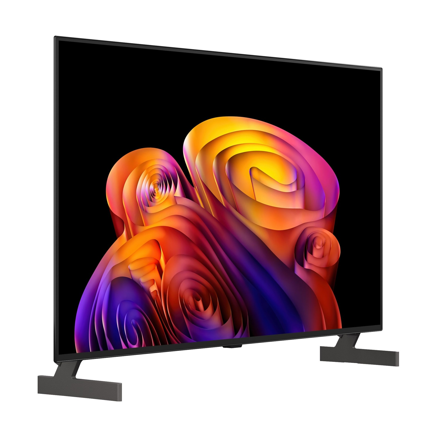 Una TV moderna mostra un'immagine astratta vibrante con vortici arancioni, rosa e viola.