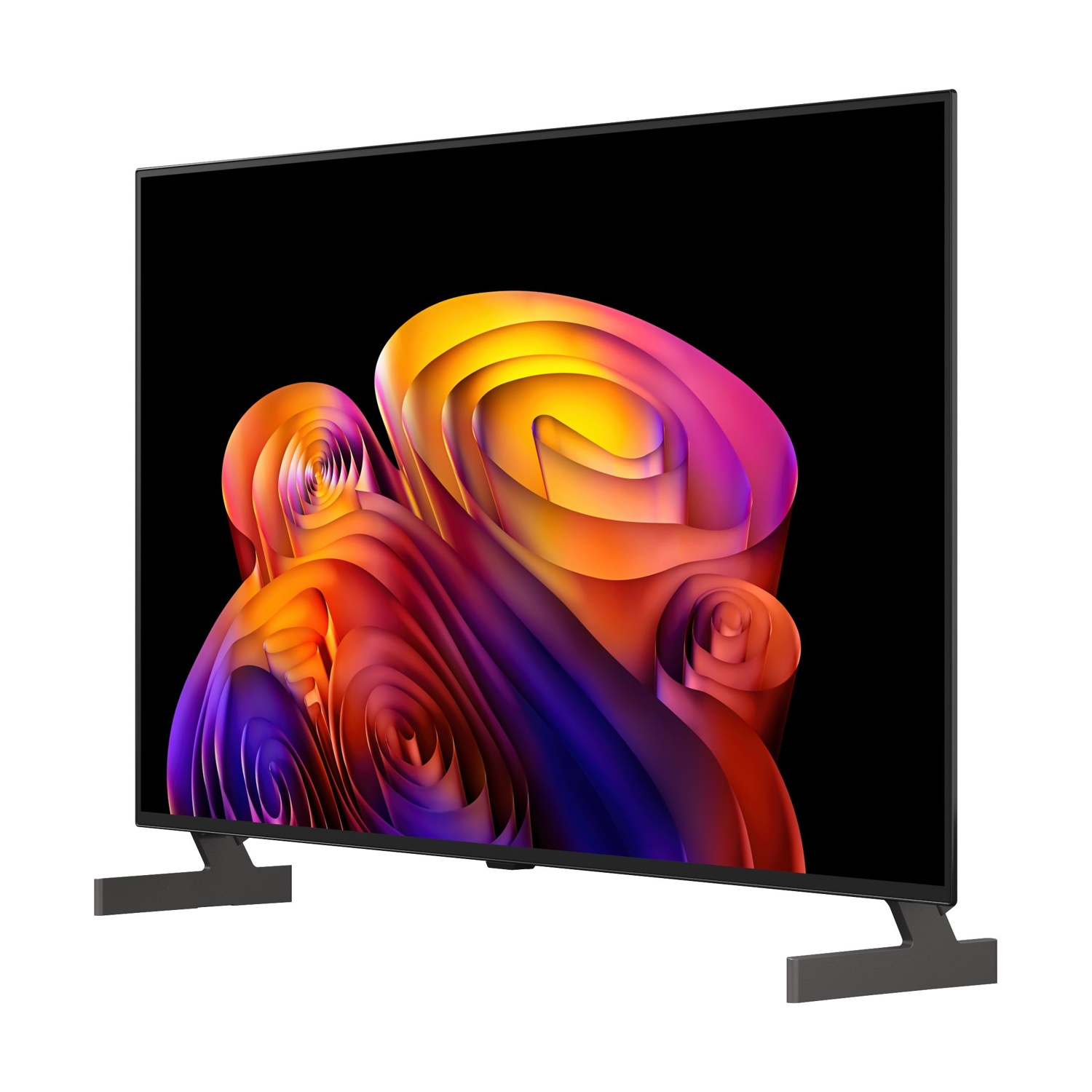 Una TV moderna con cornice nera mostra un'immagine astratta colorata con forme vorticose arancioni, gialle e viola.