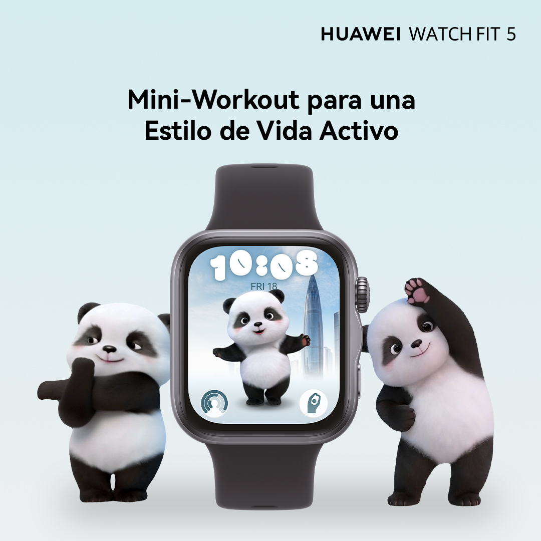Huawei Watch Fit 5 con osos panda y pantalla de entrenamiento.