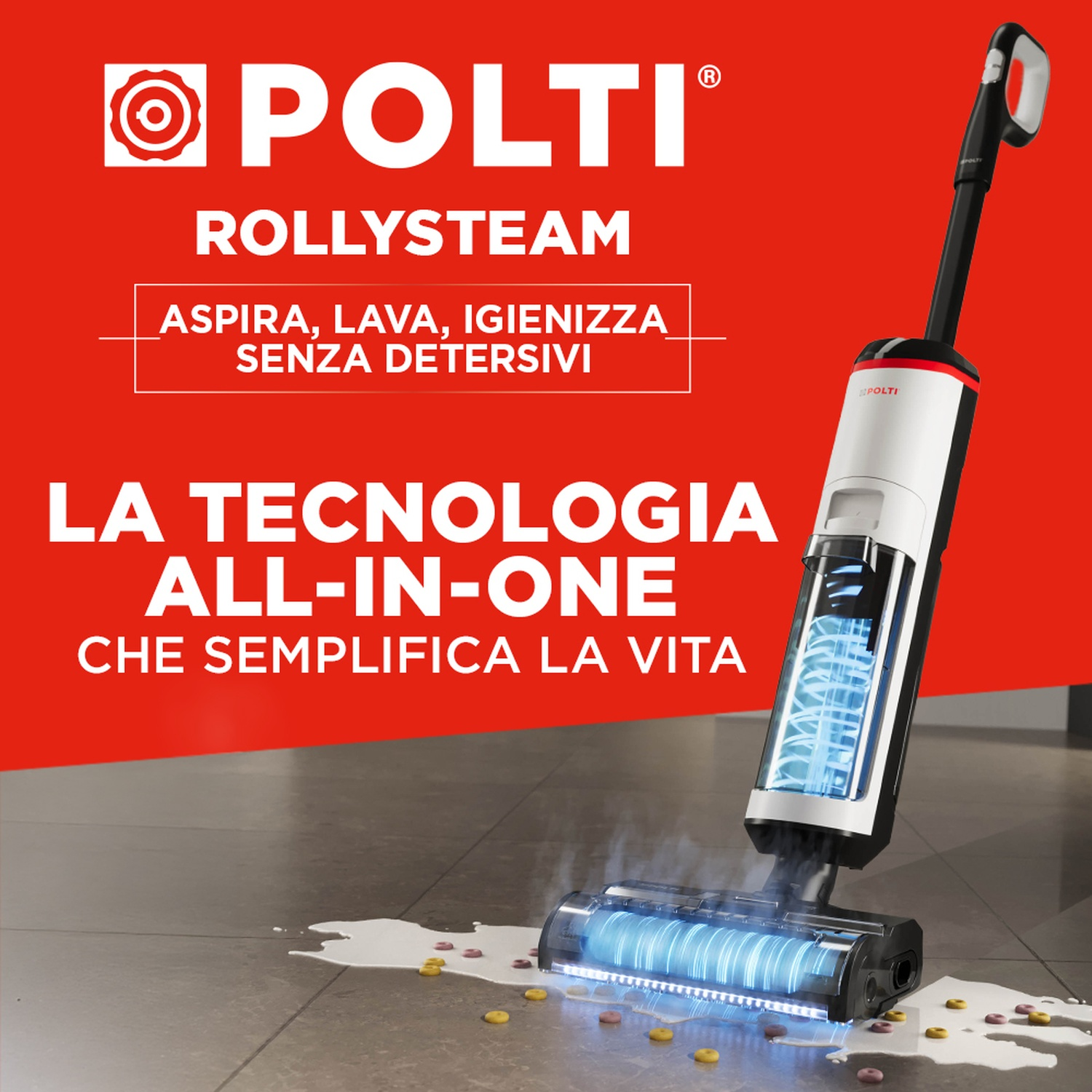 Un Polti Rolysteam aspira, lava e igienizza le macchie sul pavimento.