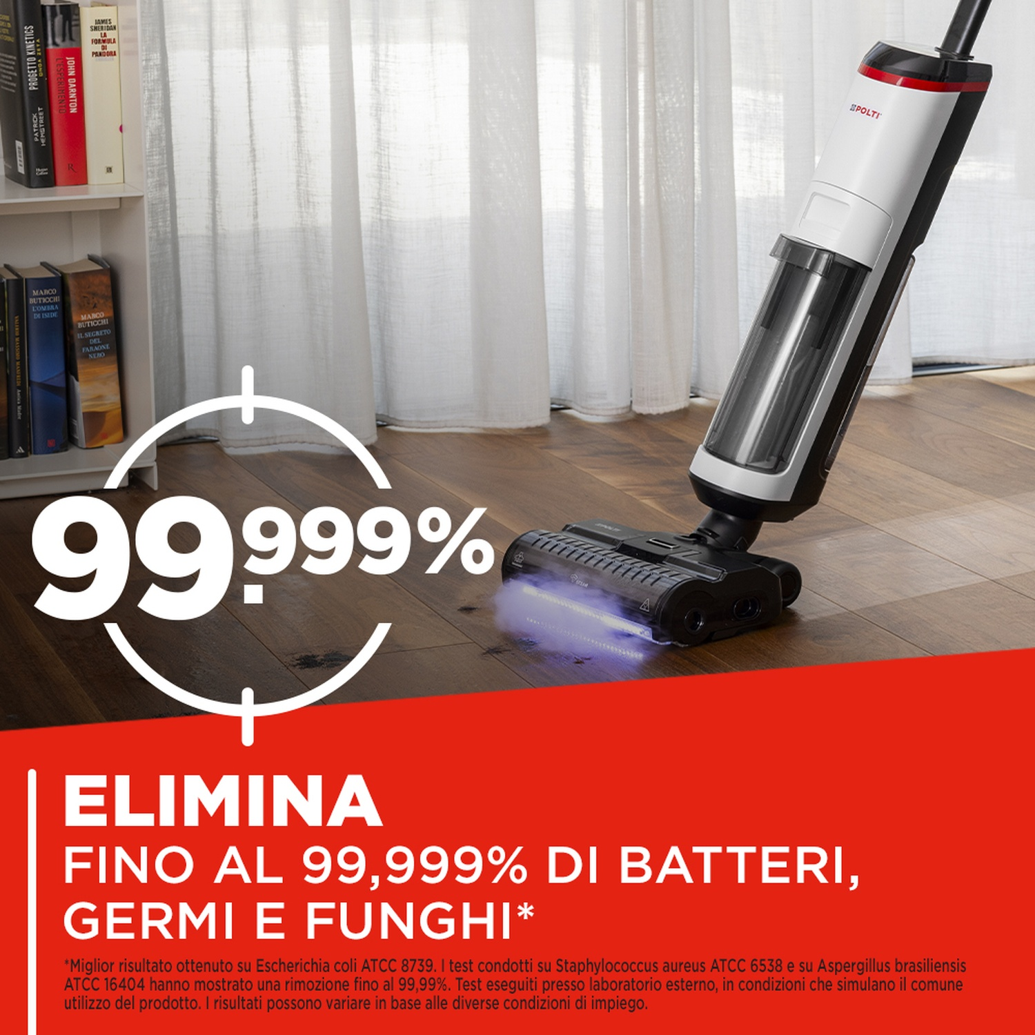 Un pulitore per pavimenti bianco e nero con luce blu su parquet.