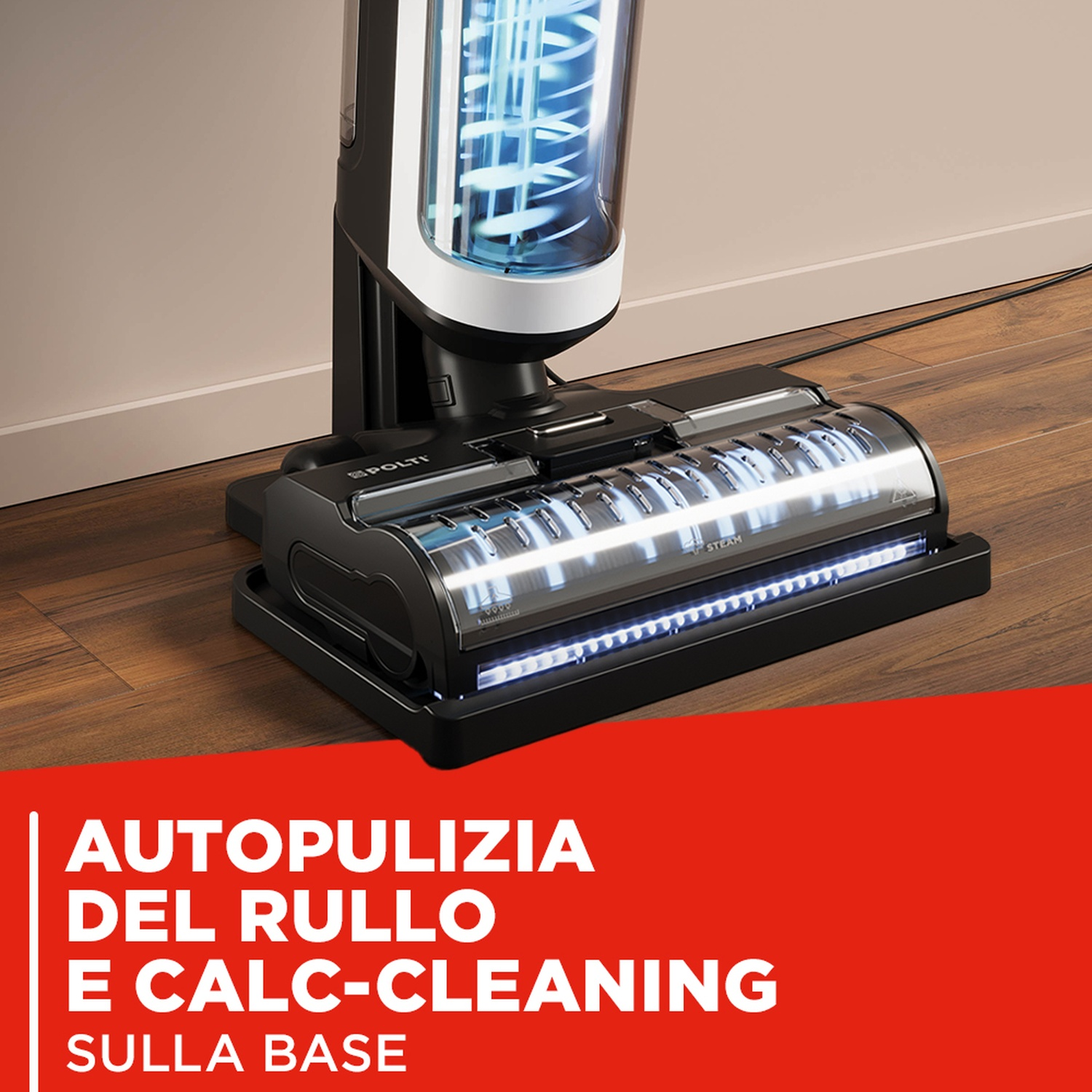 Moderno pulitore a vapore con serbatoio trasparente e spazzola illuminata su parquet.