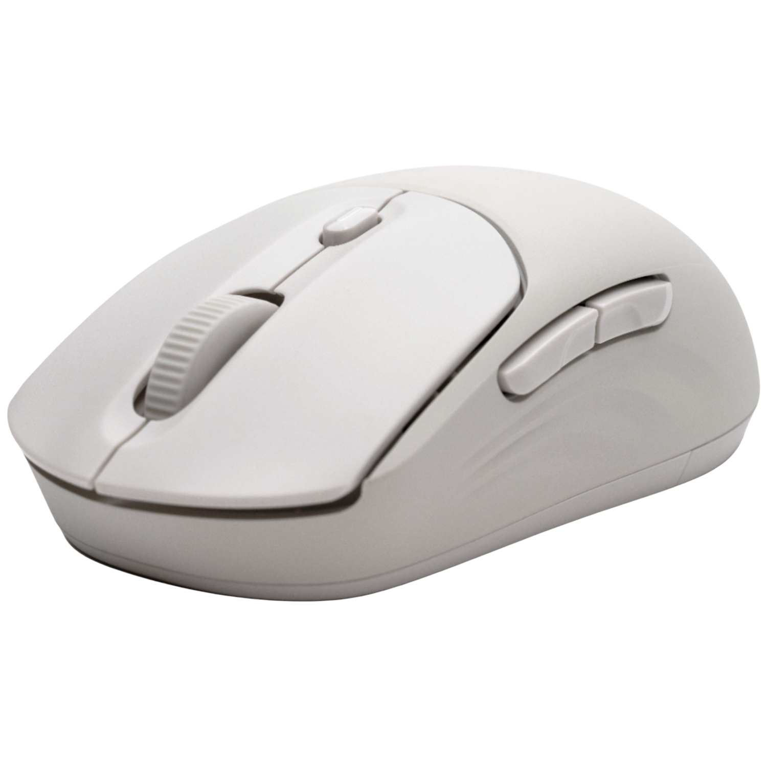 Een witte computermuis met scrollwiel en twee extra knoppen.