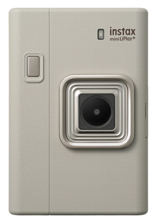 Kremowy aparat natychmiastowy Instax Mini LiPlay+ ze srebrnym pierścieniem obiektywu.