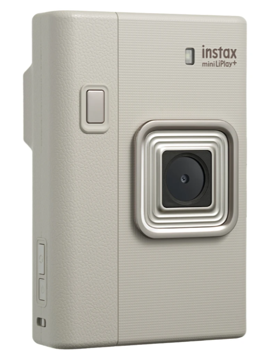 Beżowy aparat natychmiastowy Instax Mini LiPlay+ z obiektywem i przyciskami.