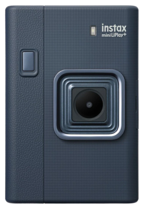 Ciemnoniebieski aparat Instax Mini LiPlay+ z obiektywem i przyciskiem.