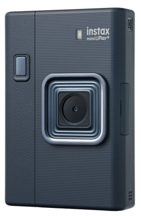 Ciemnoszara kamera Instax Mini LiPlay+ z obiektywem i przyciskiem.