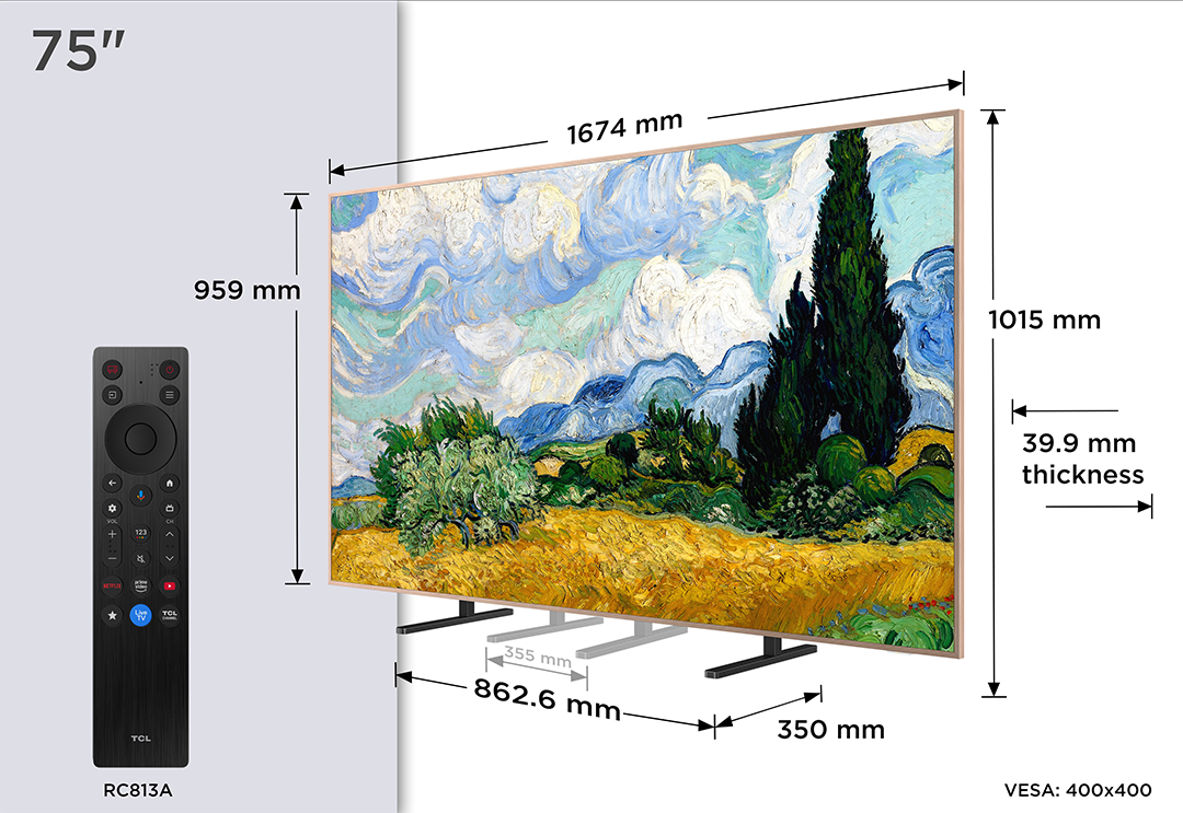 Egy 75 hüvelykes TV Van Gogh stílusú festményt mutat. Mellette TCL távirányító.