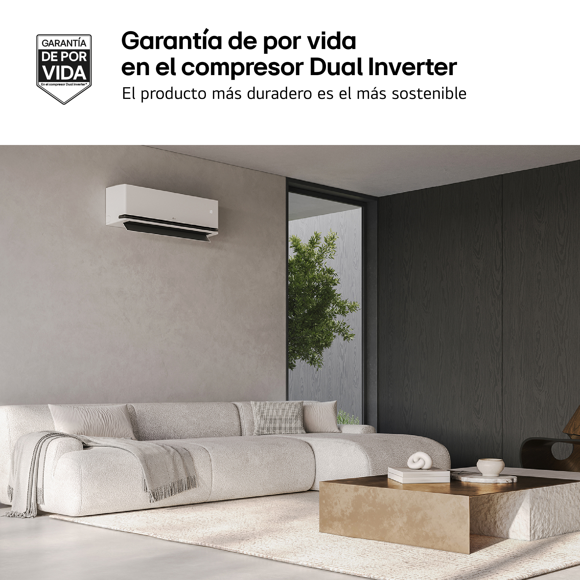 Una sala de estar moderna con aire acondicionado, sofá y mesa de centro.