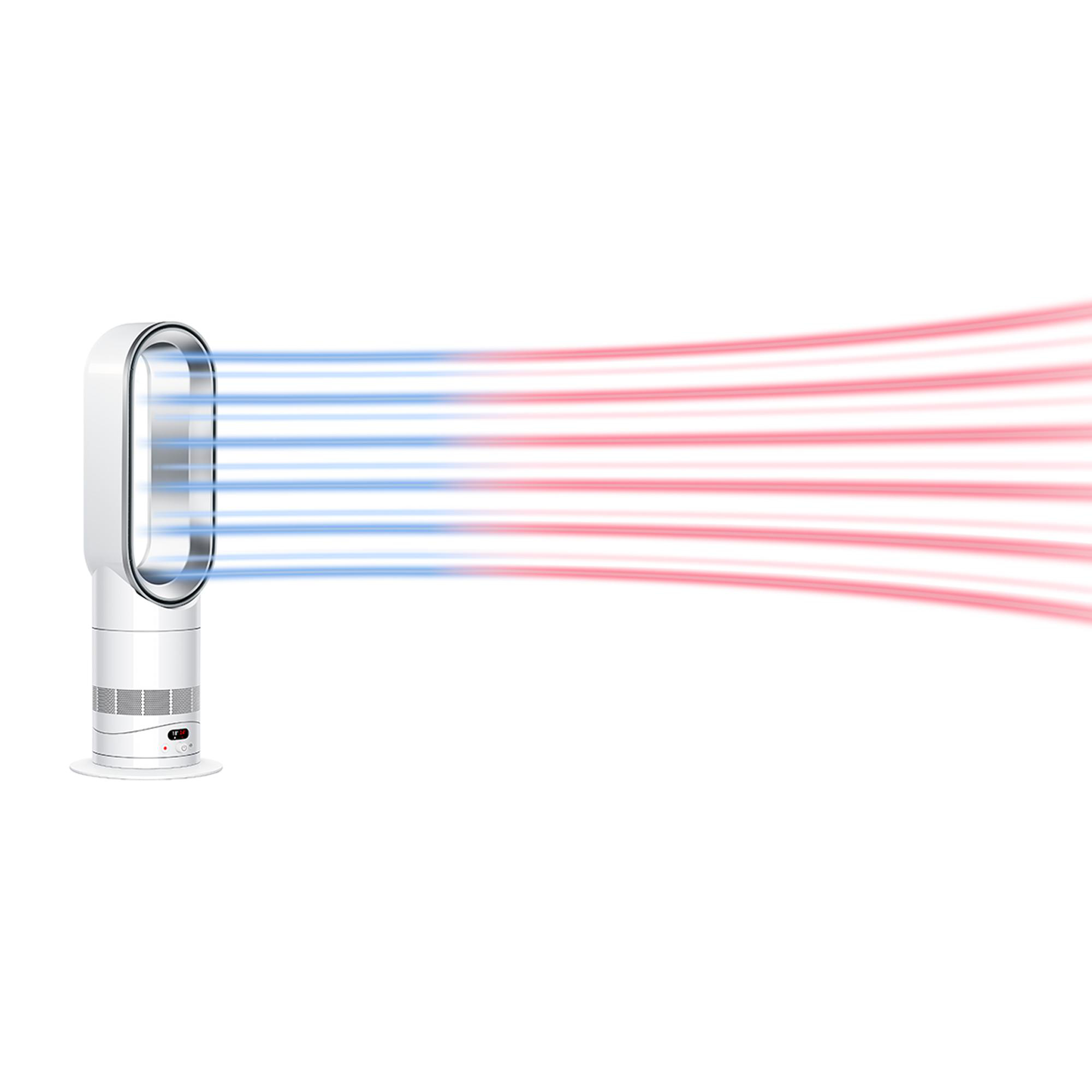 Ein weißer Turmventilator gibt blaue und rote Luftströme ab.