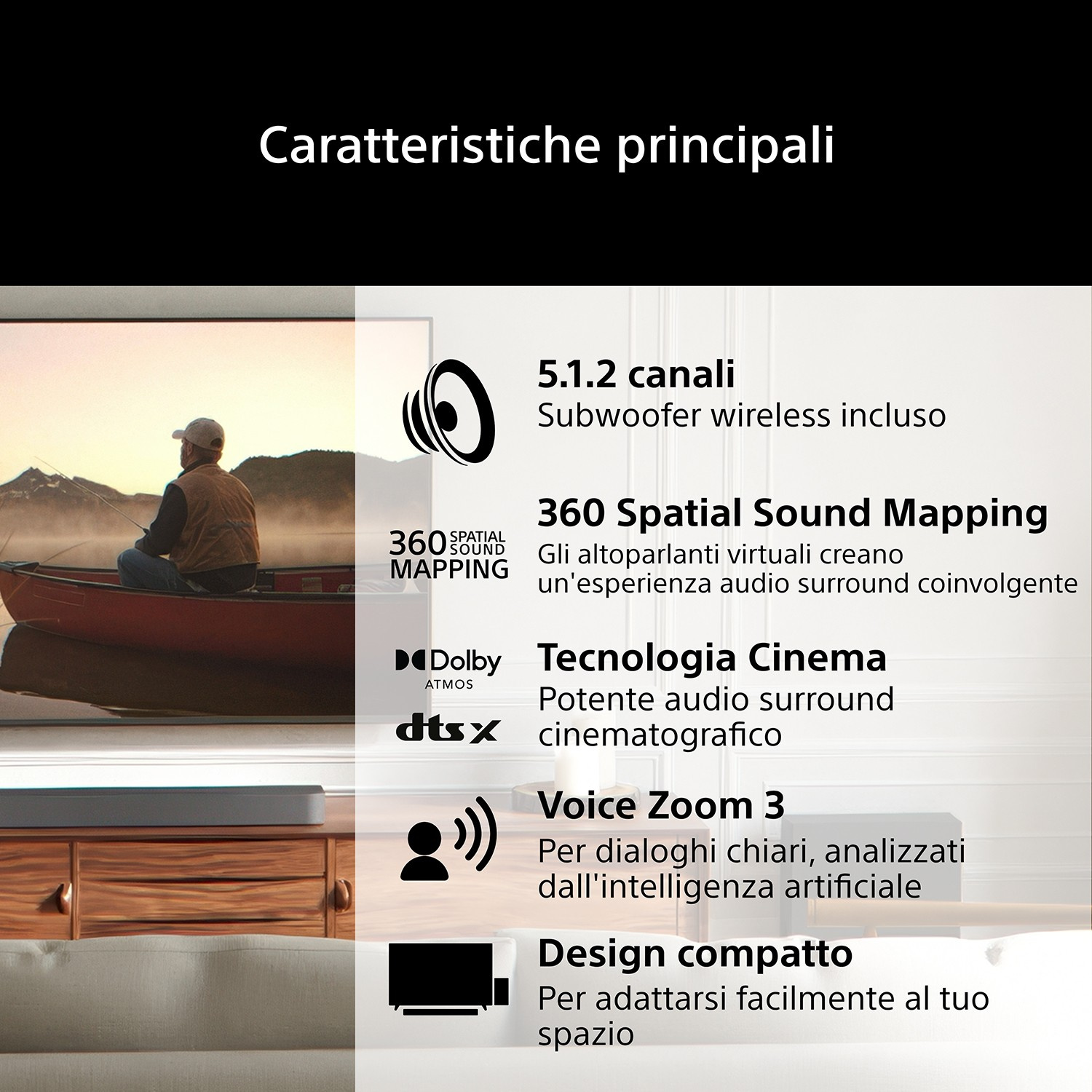 Immagine mostra una soundbar home theater con testo sulle caratteristiche principali come 5.1.2 canali e tecnologia Cinema.