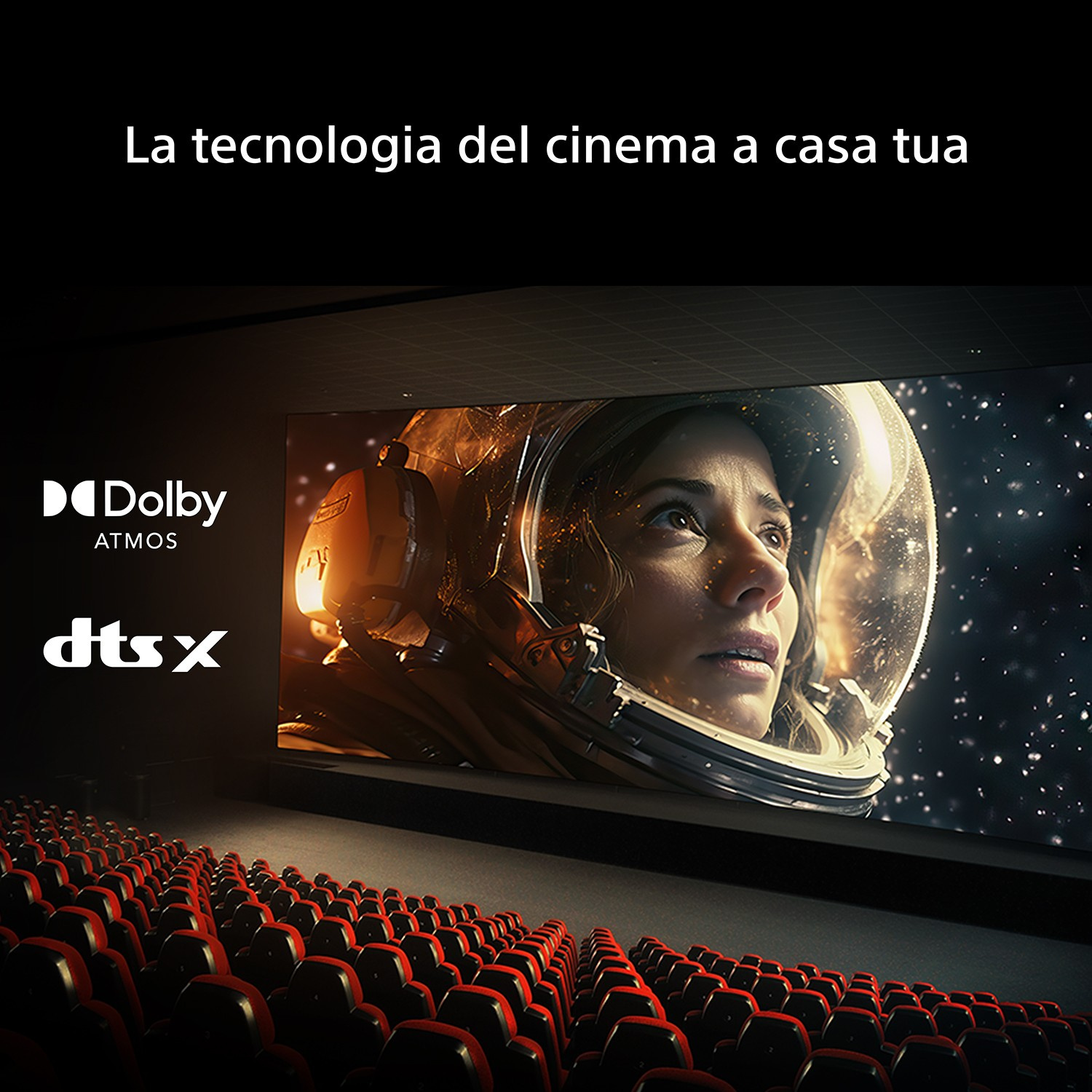 Cinema a casa: Donna in tuta spaziale guarda le stelle. Dolby Atmos e DTS:X.