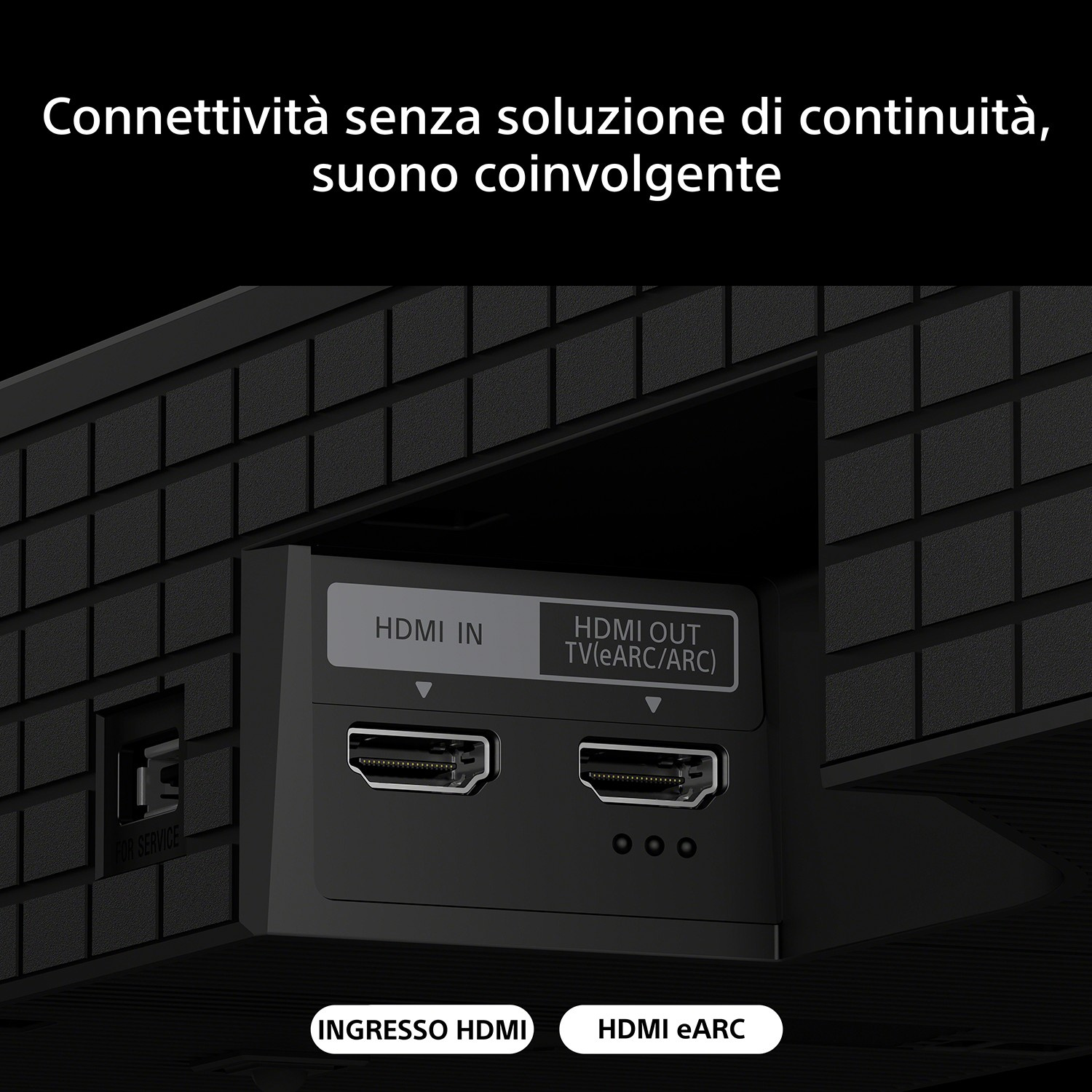 Primo piano delle porte HDMI su un dispositivo nero, etichettate HDMI IN e HDMI OUT.