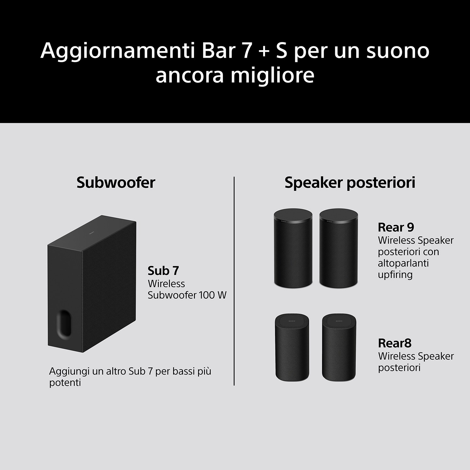Un subwoofer nero e quattro altoparlanti wireless neri.
