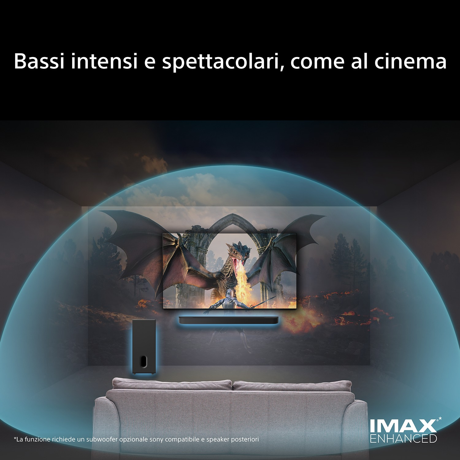 Un divano davanti a una TV con un drago, circondato da onde sonore blu.