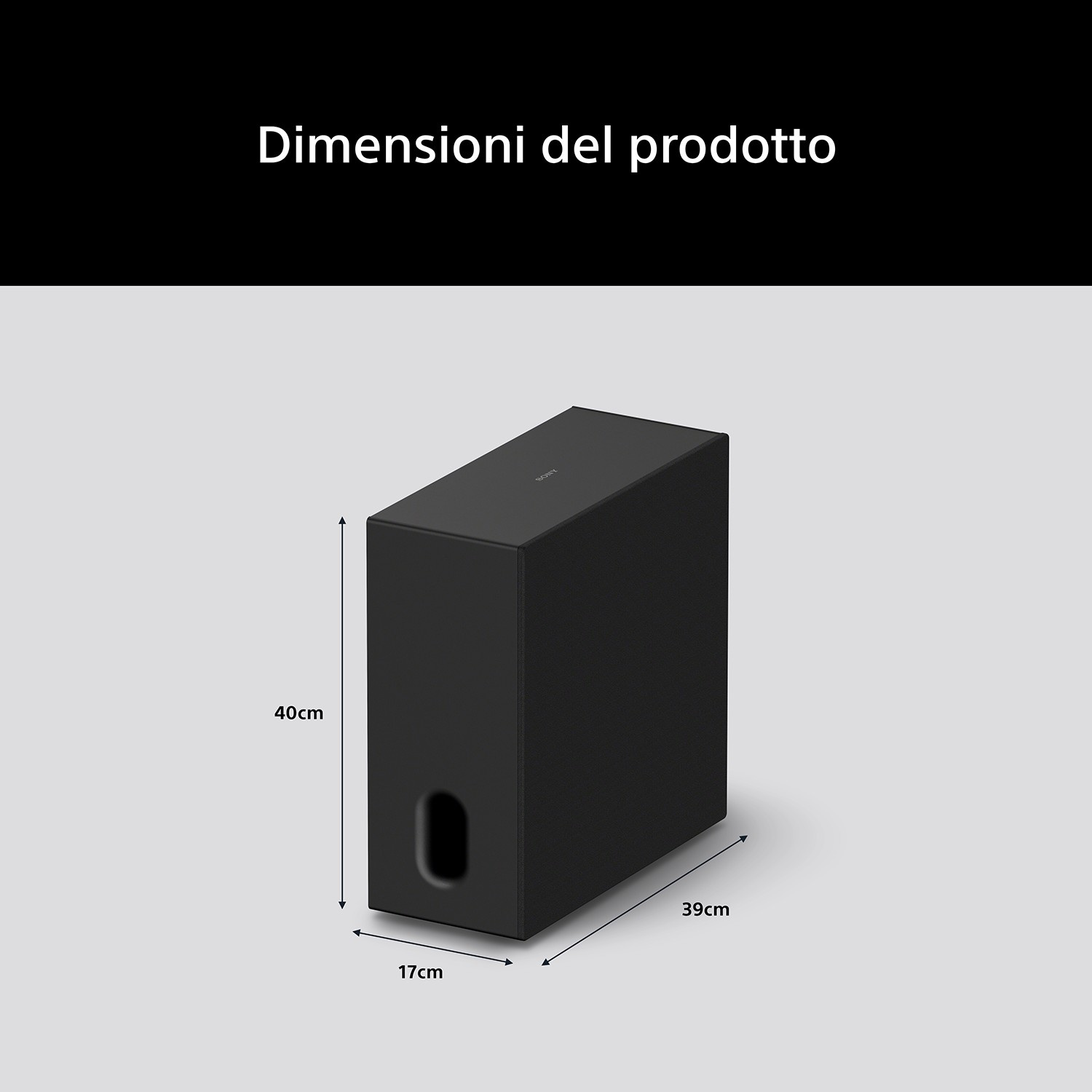 Subwoofer nero con dimensioni: 40cm A, 39cm L, 17cm P.