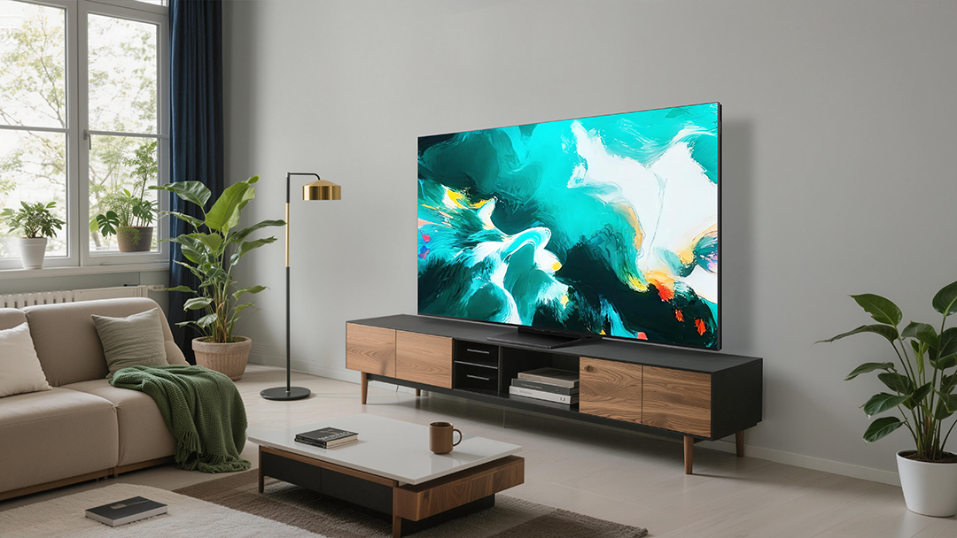 Modern nappali nagy tévével, absztrakt művészetet mutatva, bézs kanapéval, dohányzóasztallal és növényekkel.