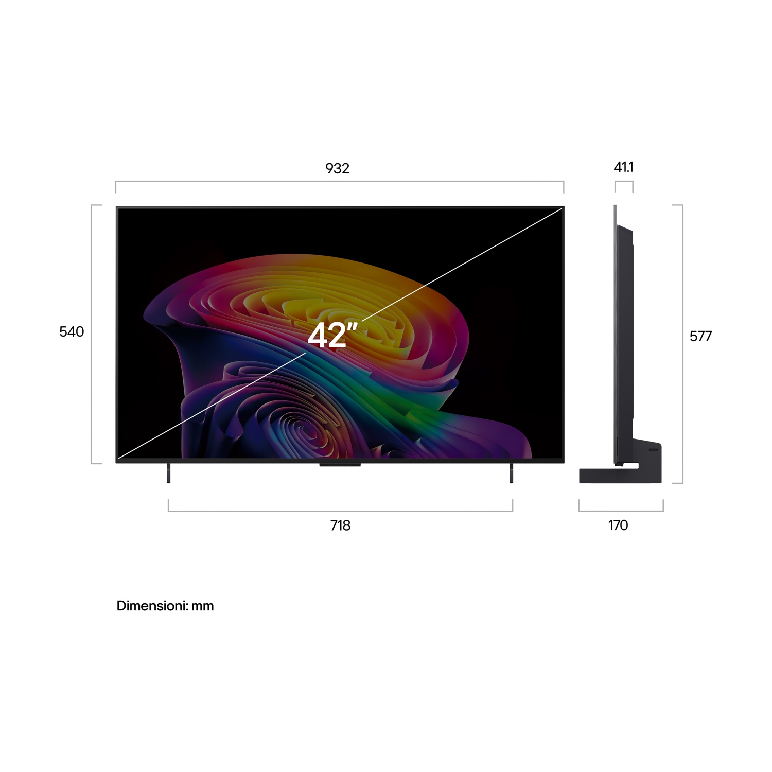 Un TV da 42 pollici con un'immagine astratta colorata e le sue dimensioni.