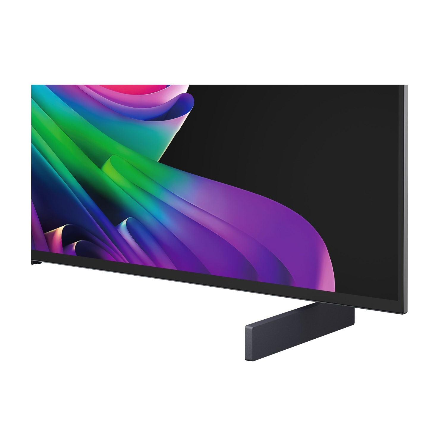 Una TV moderna con sfondo astratto colorato e piedistallo scuro.