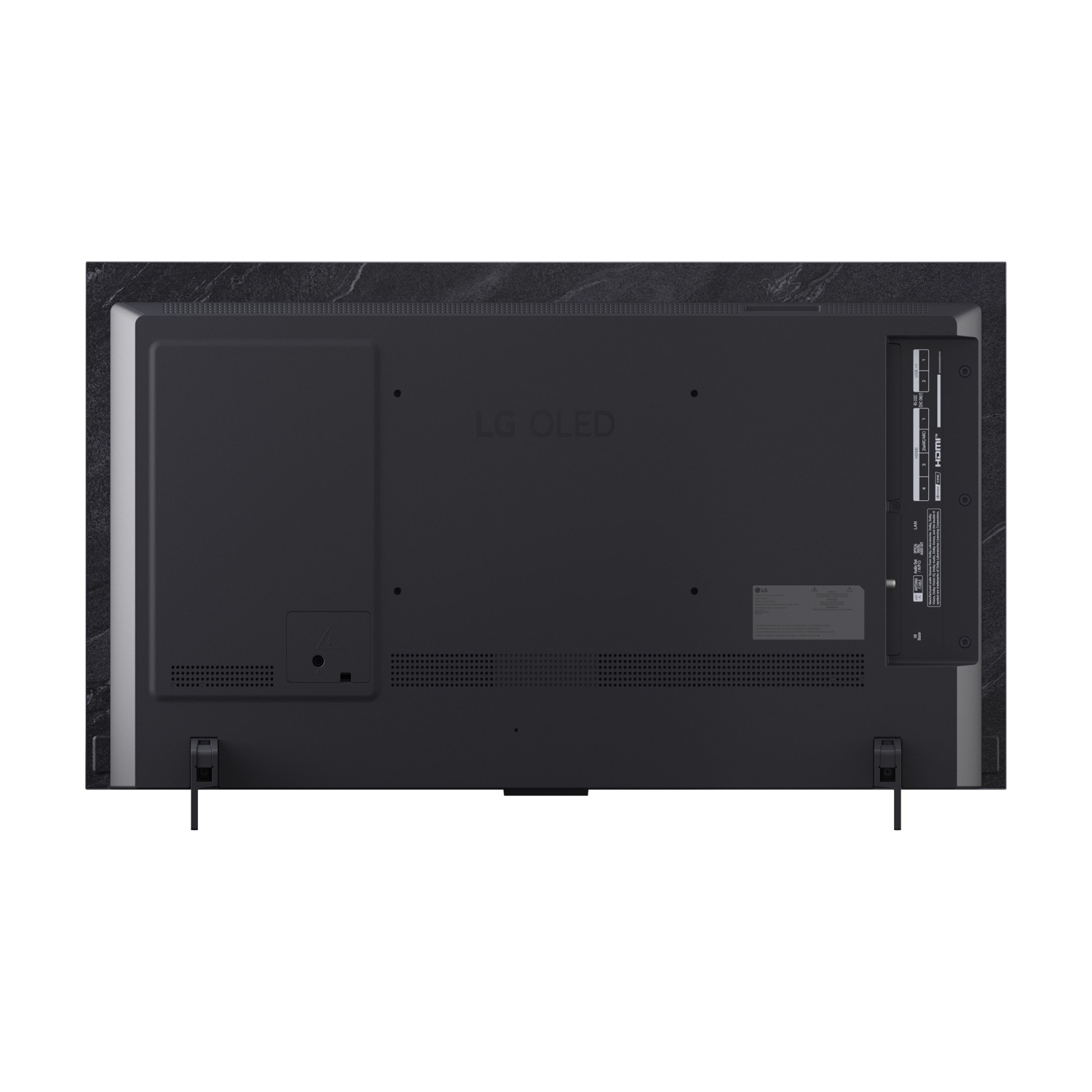 Retro di un TV LG OLED nero con porte e supporti.