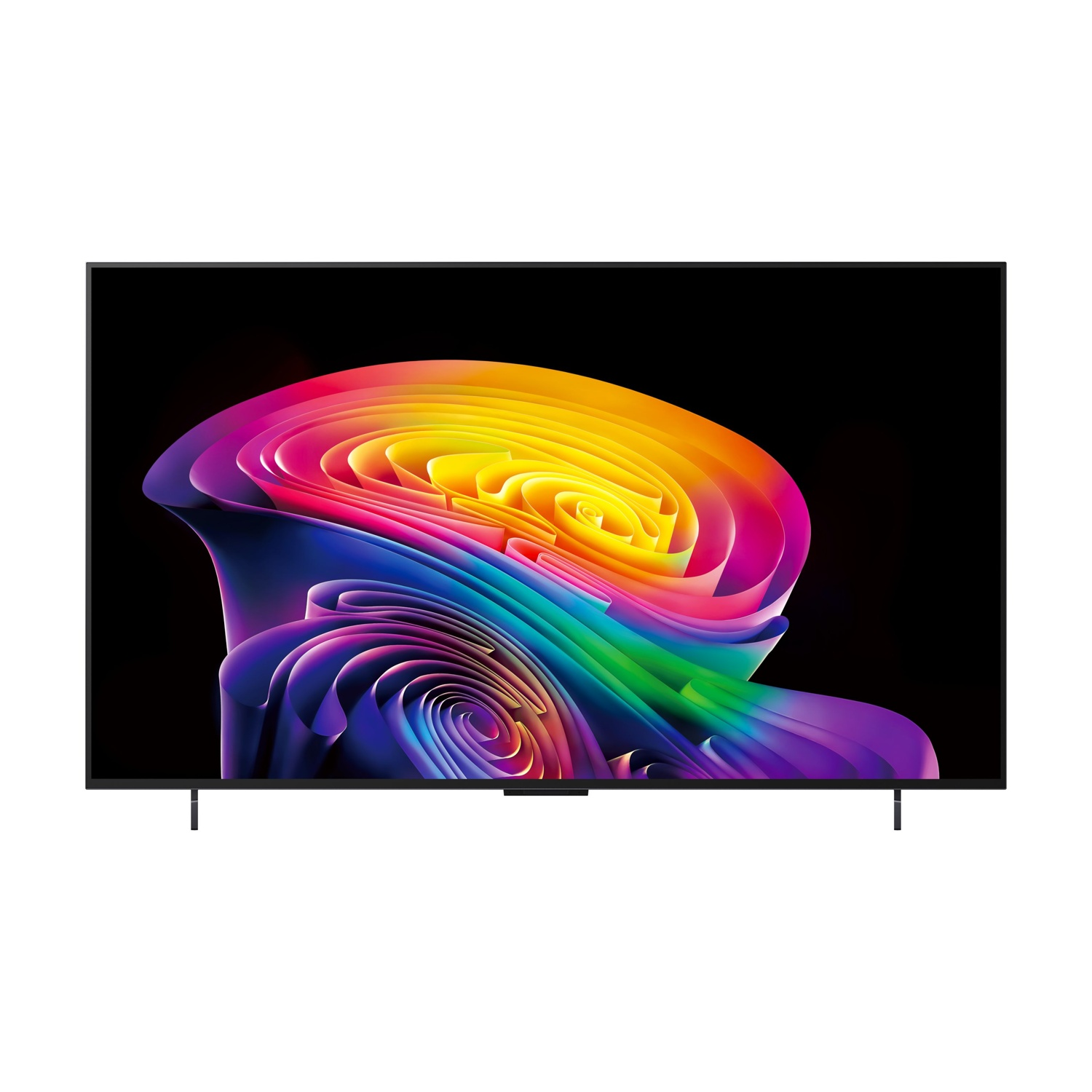 Un televisore moderno mostra un motivo astratto e vorticoso arcobaleno su sfondo nero.