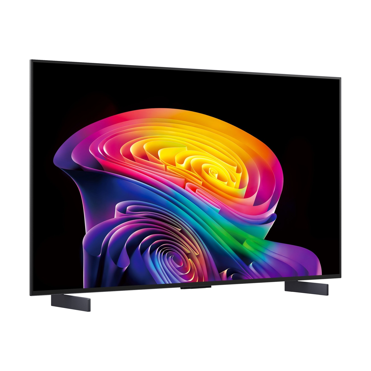 Una TV moderna a schermo piatto con un vivido motivo astratto colorato sullo schermo.