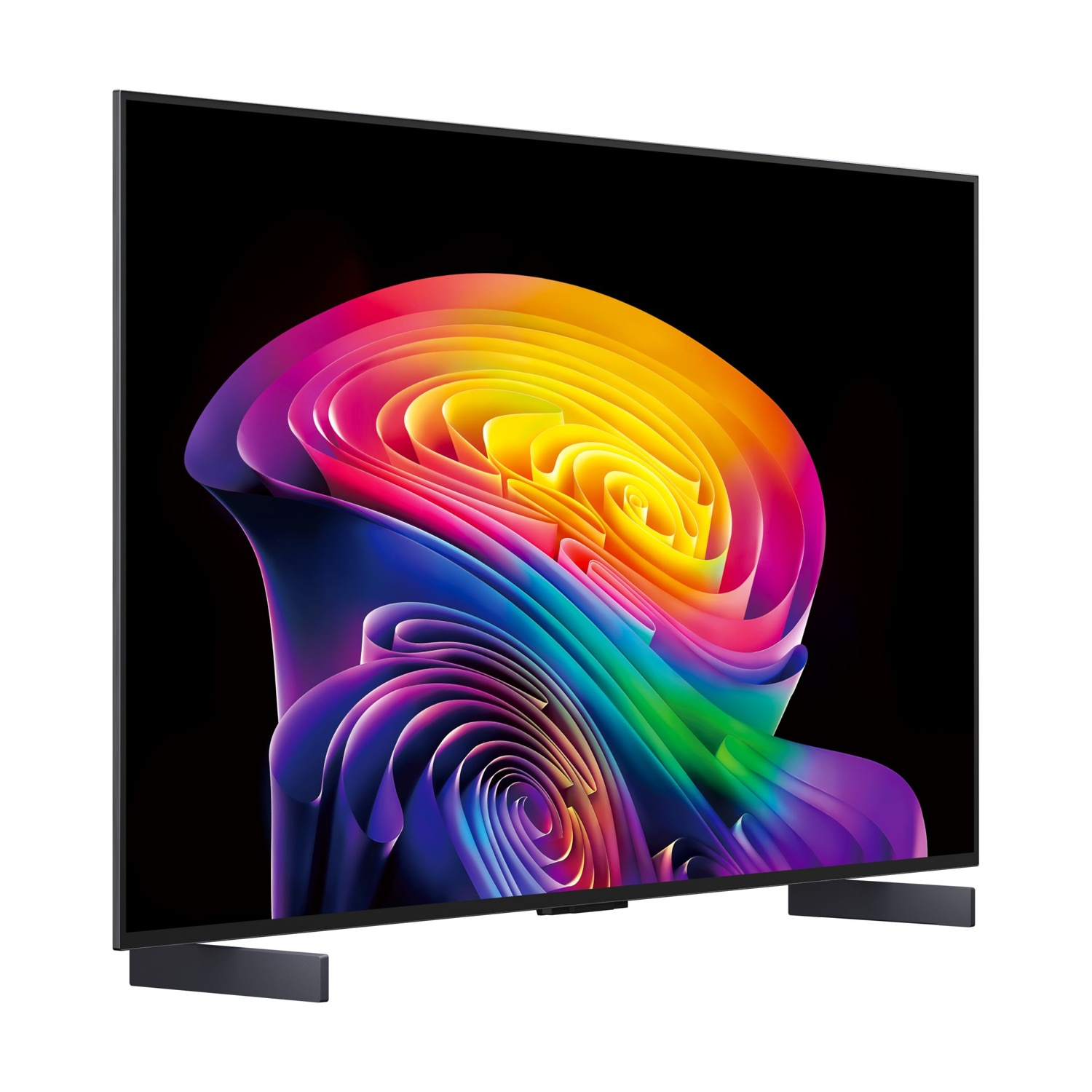 Una TV moderna con schermo astratto e colorato su sfondo nero.