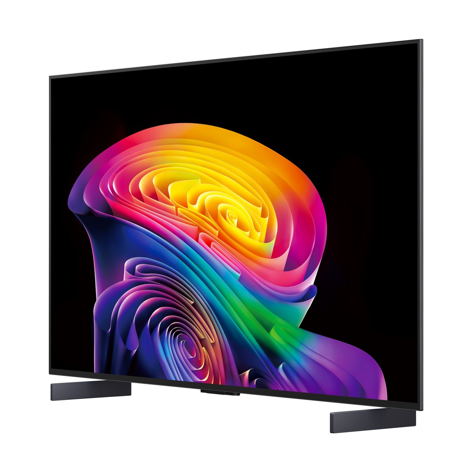 Una TV moderna a schermo piatto che mostra uno sfondo astratto vibrante e colorato sul suo schermo.