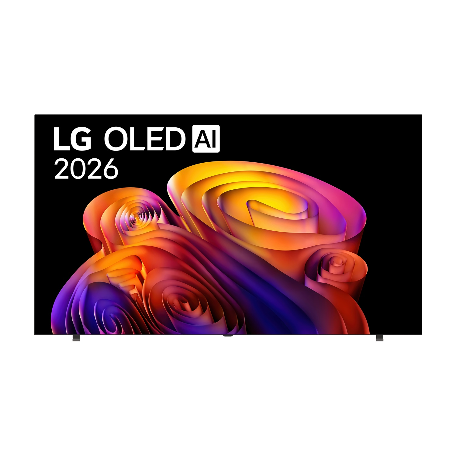 TV LG OLED AI 2026 con grafica 3D astratta e colorata.