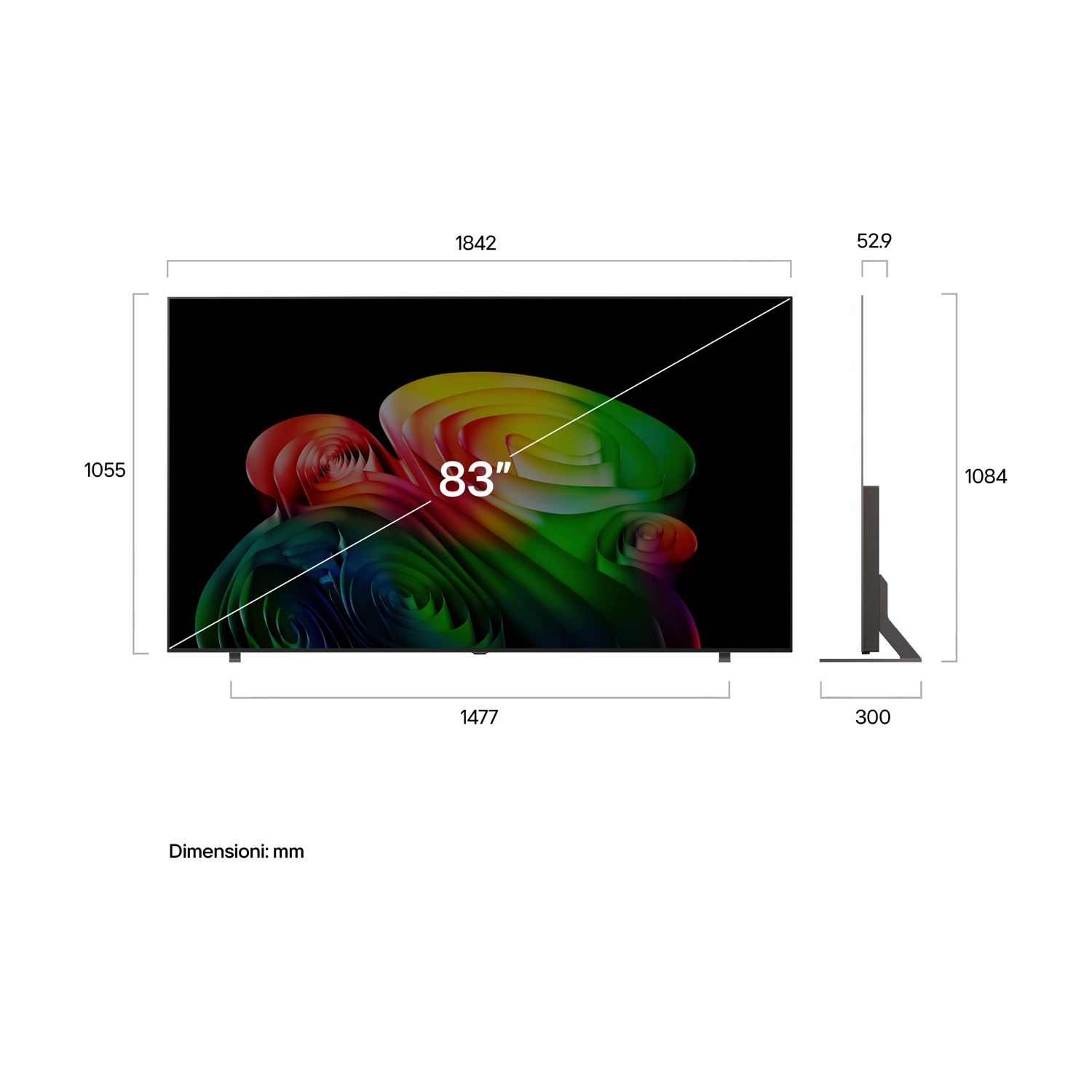 Un TV a schermo piatto da 83 pollici con colori vivaci, con dimensioni indicate.