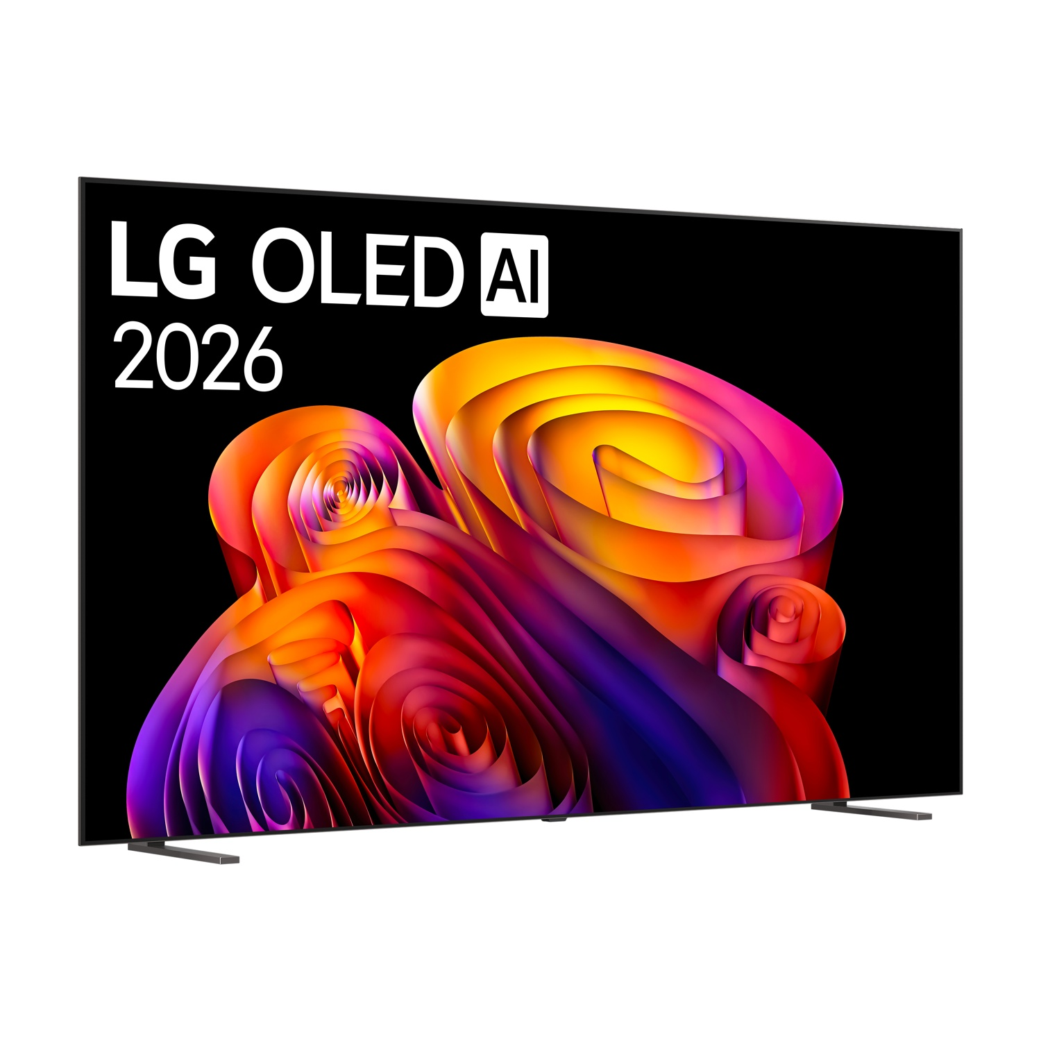 Una TV LG OLED AI del 2026 che mostra un screensaver astratto e colorato.