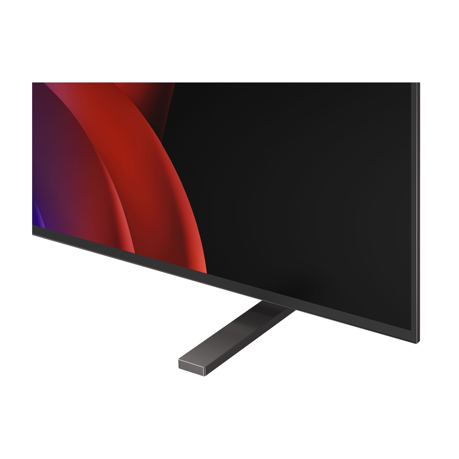 Primo piano di una TV moderna con supporto elegante e immagine di sfondo astratta.