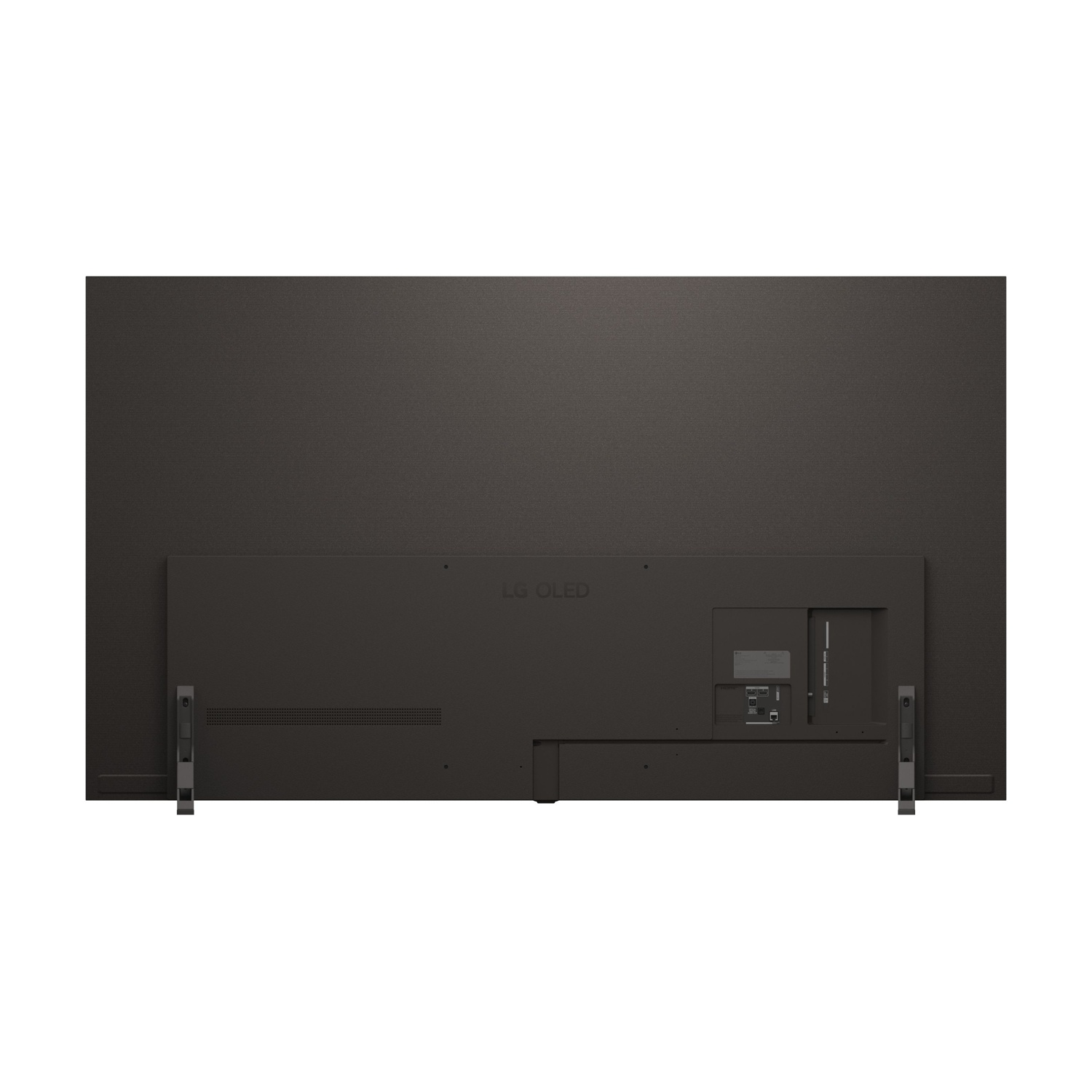 Retro di un TV LG OLED nero con porte e supporti.
