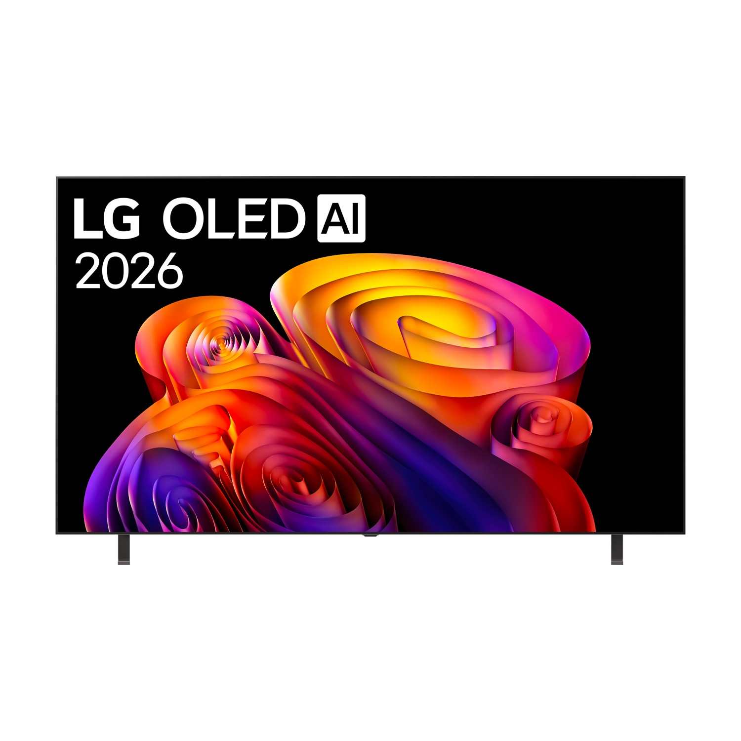 Un televisore LG OLED AI con l'anno 2026 e uno sfondo astratto colorato.