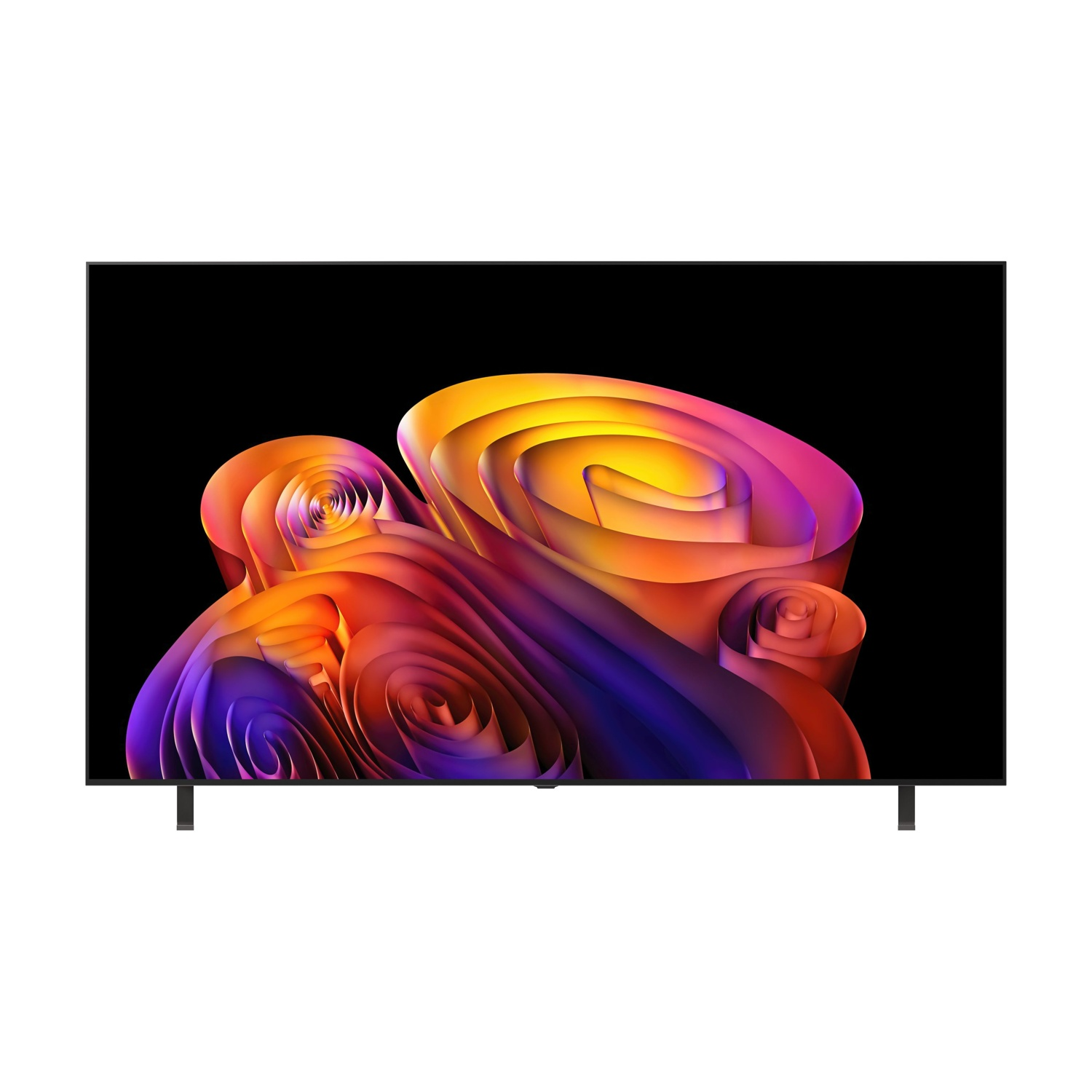Una TV moderna visualizza un'immagine astratta con sfumature arancioni, gialle e viola.
