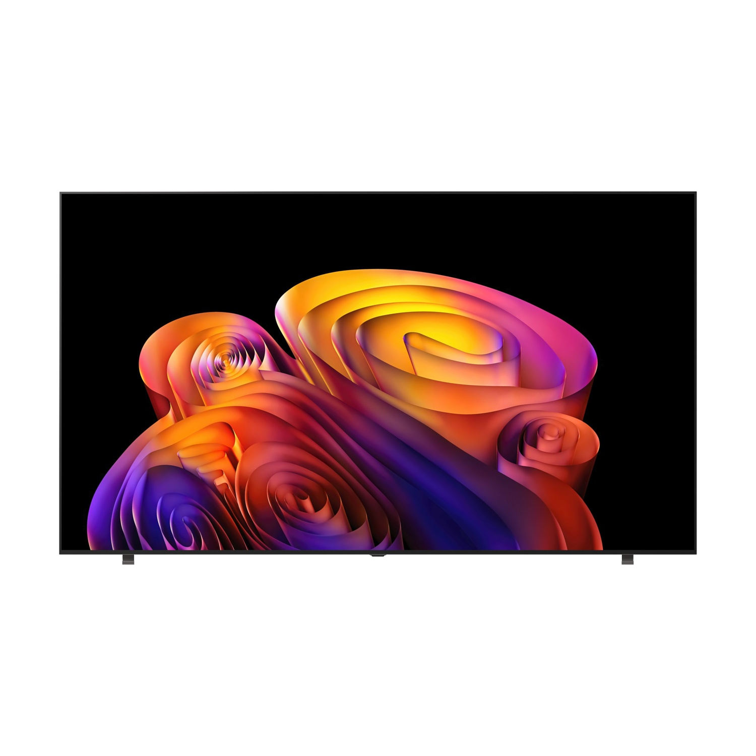 Una TV moderna mostra una grafica astratta e vibrante nei toni arancio, rosa e viola.