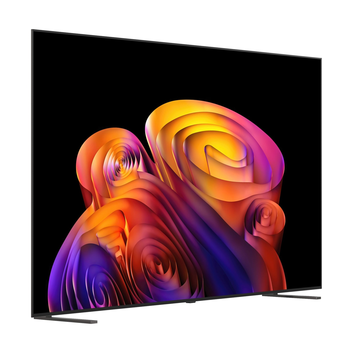 Un televisore moderno che visualizza un screensaver astratto e colorato.