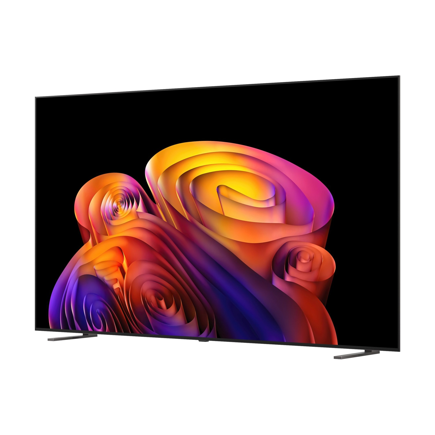 Una TV moderna mostra un vortice astratto e vibrante di colori su schermo nero.