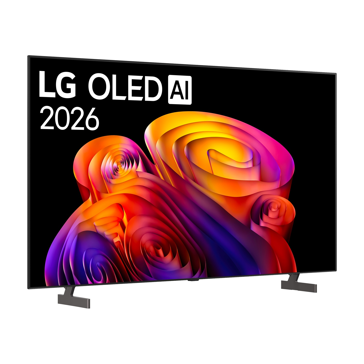 Un televisore LG OLED AI 2026 che mostra un'immagine astratta e colorata sullo schermo.