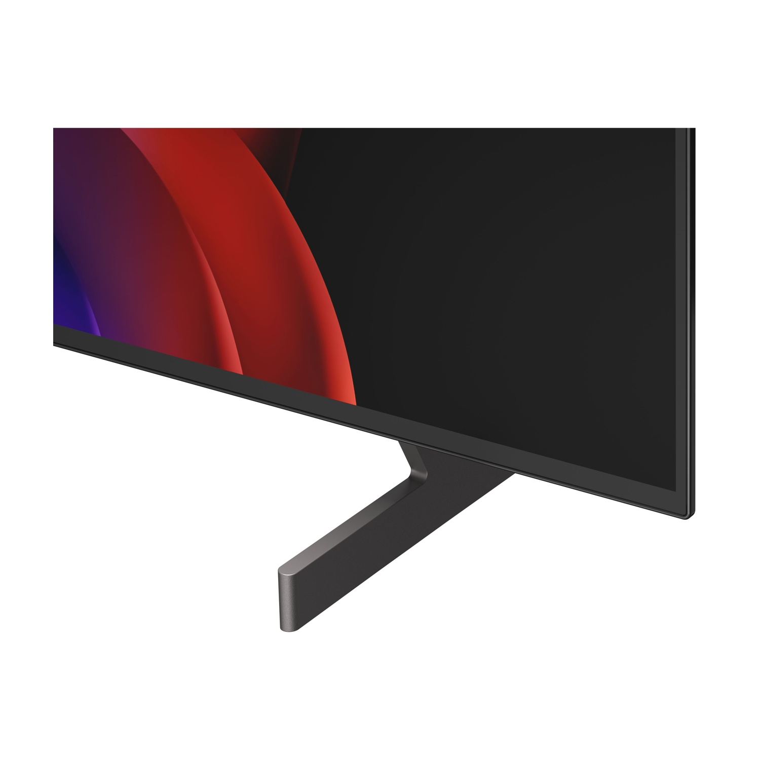 Un supporto TV grigio con schermo scuro che mostra forme astratte rosse e blu.