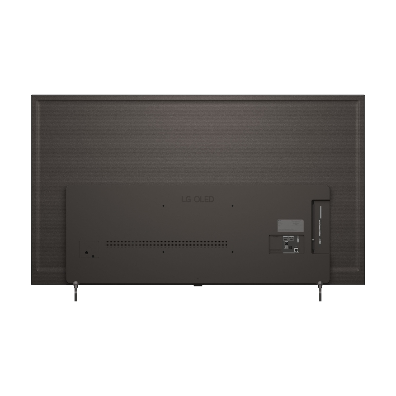 Retro di una TV LG OLED scura con porte e supporti.