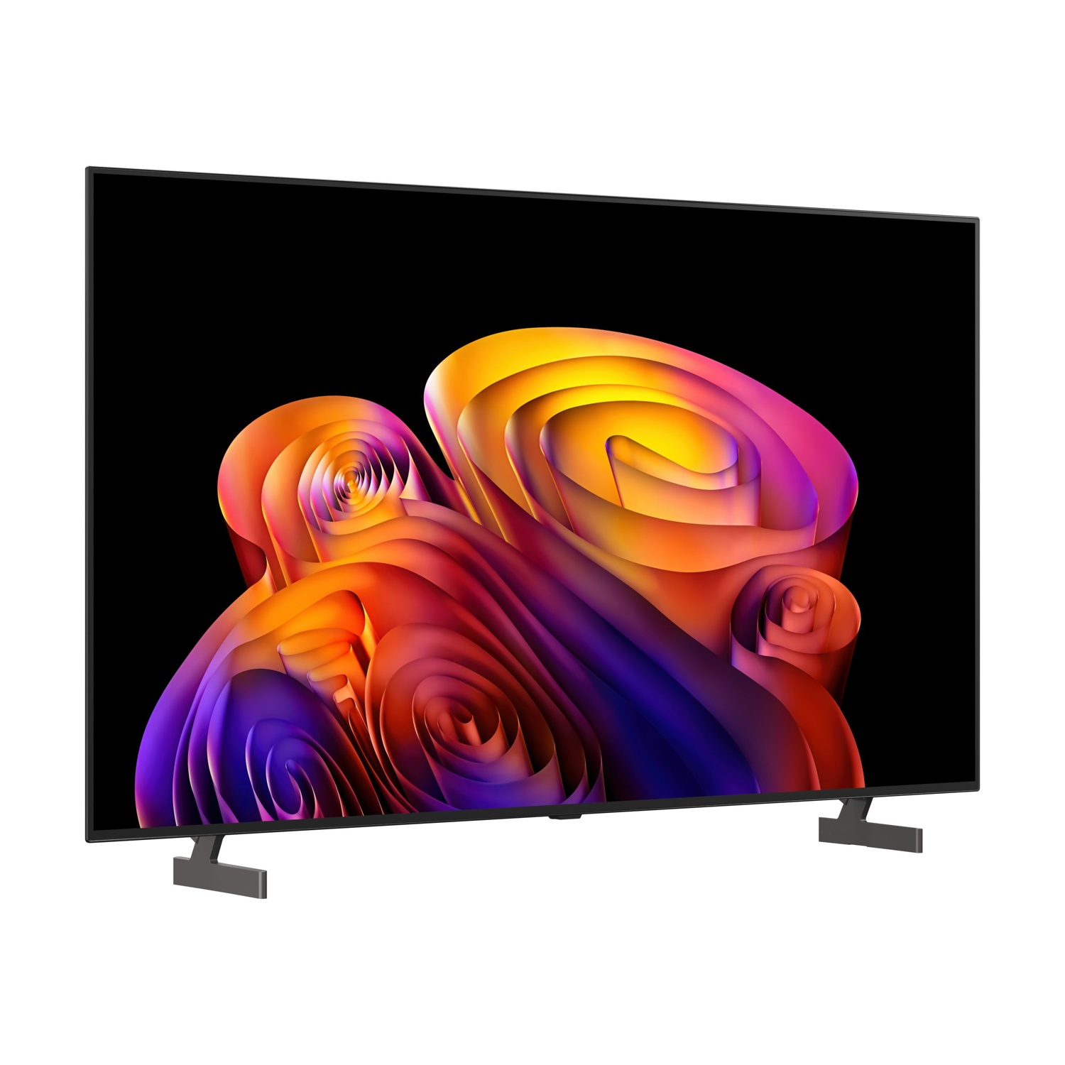 Una TV moderna a schermo piatto con un'immagine astratta e colorata sullo schermo.
