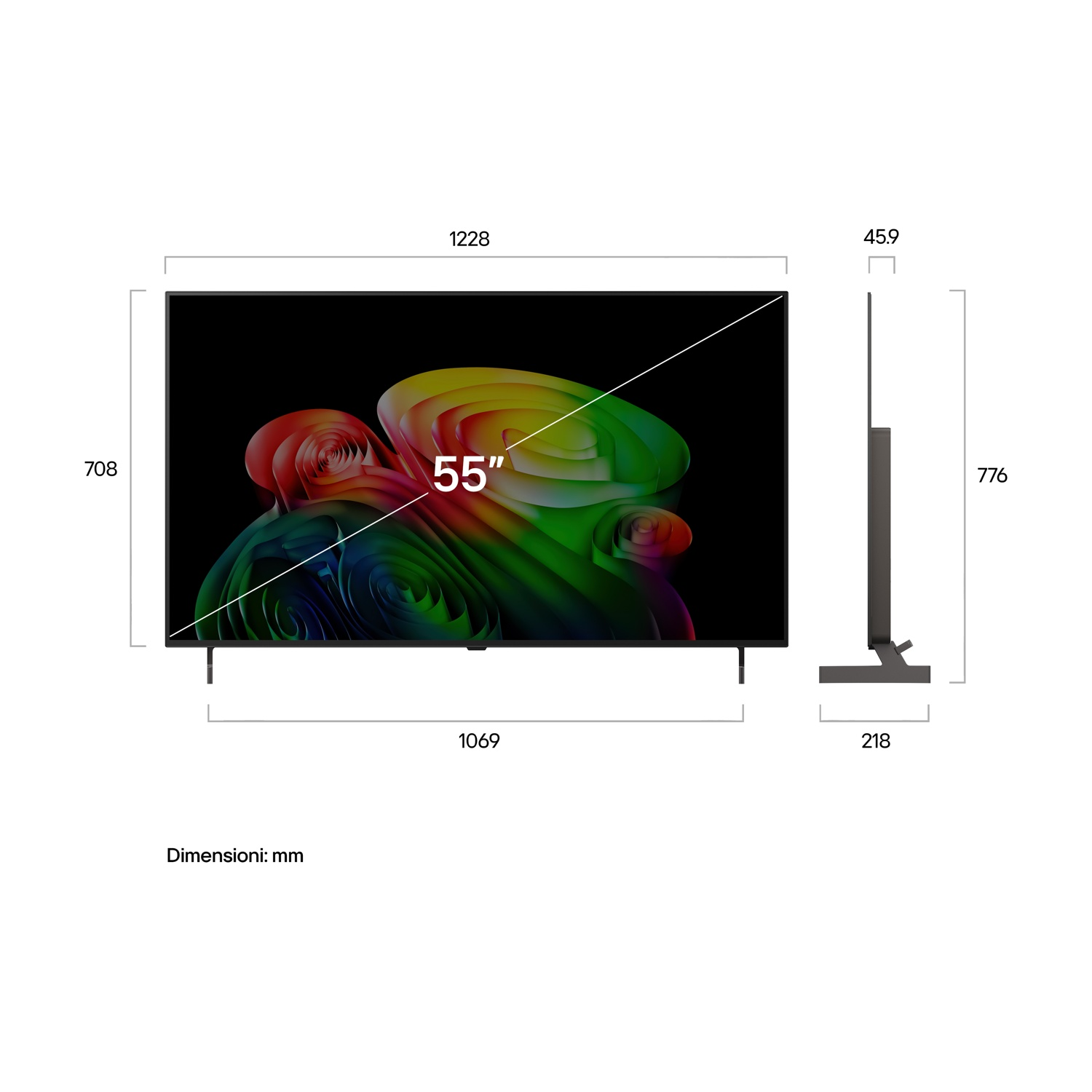Un televisore da 55 pollici con grafica colorata, dimensioni in mm.