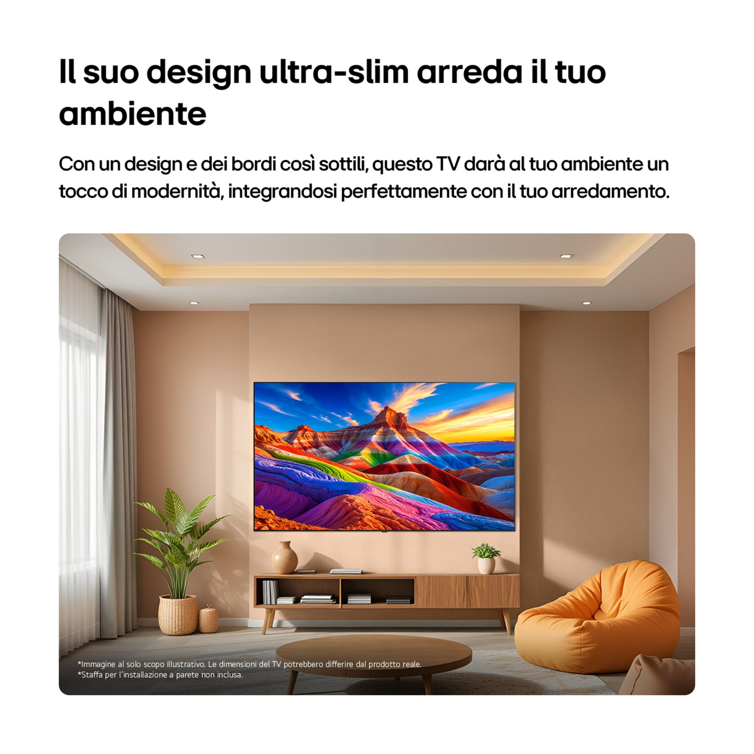 Un soggiorno con un televisore che mostra un'immagine di paesaggio colorata.