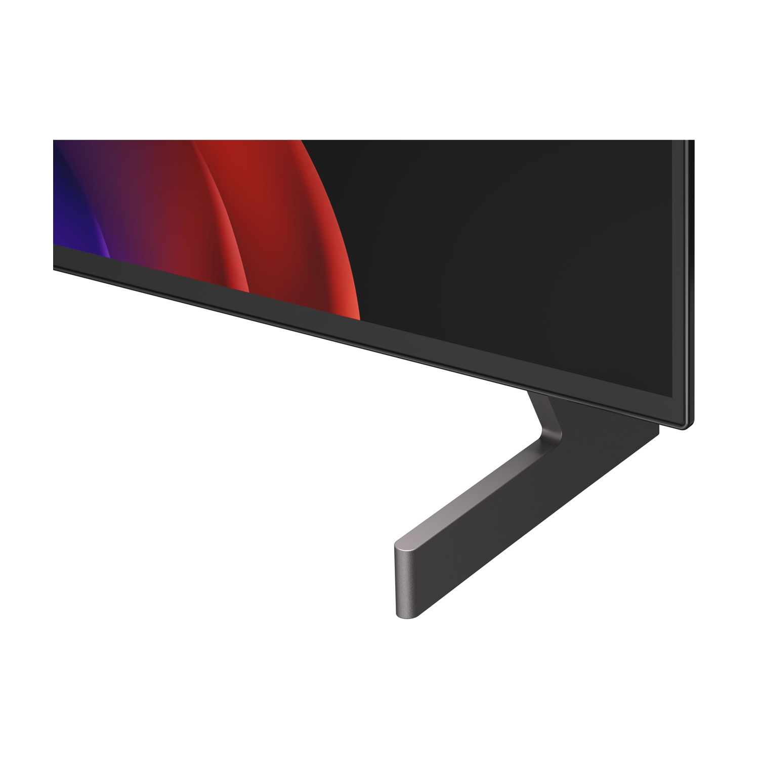 Una TV moderna con piedistallo grigio e sfondo colorato dello schermo.