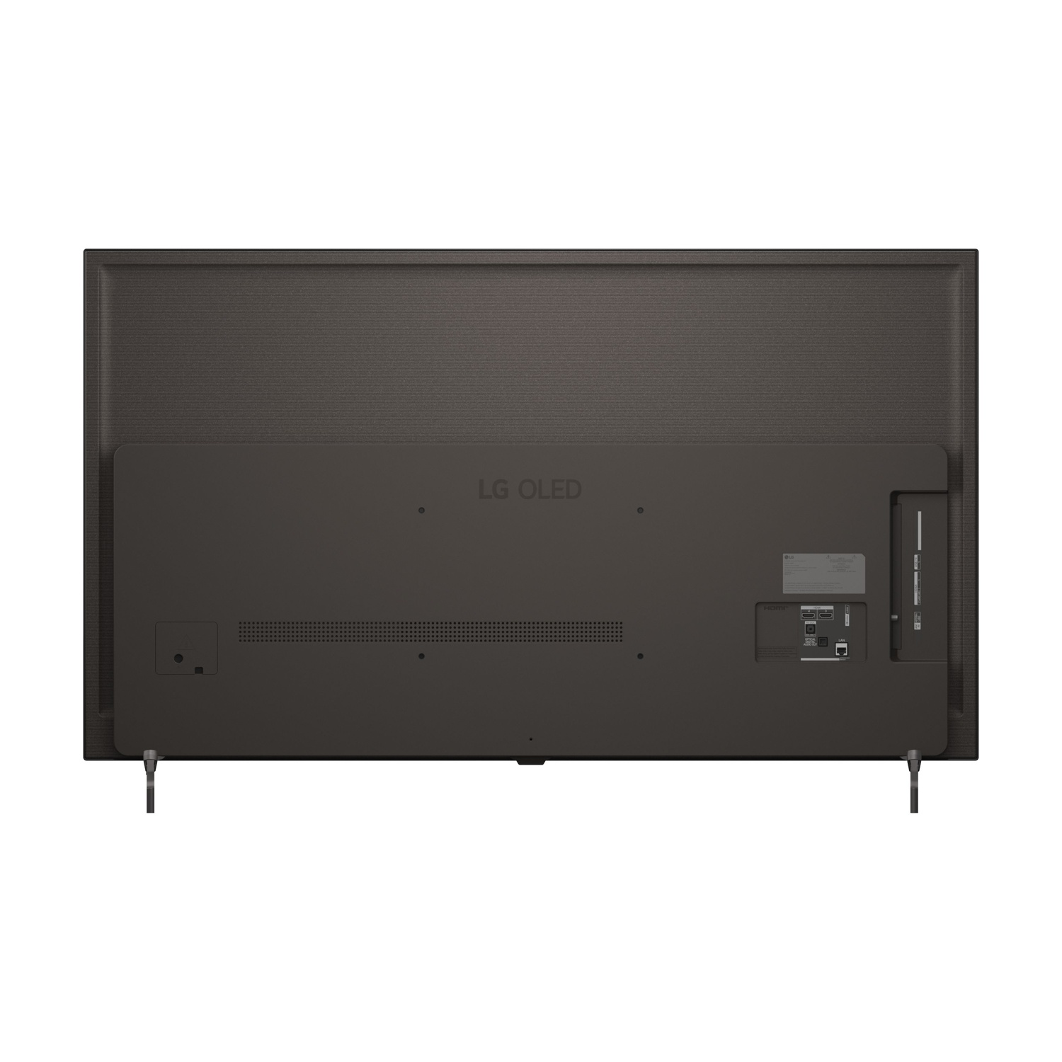 Retro di una TV LG OLED nera con porte e gambe.
